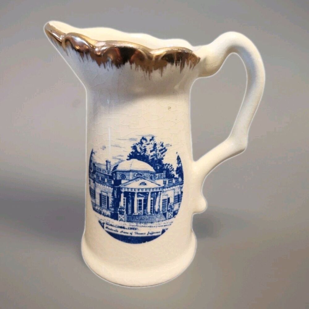 Vintage Monticello 5" Souvenir Pitcher Blue Transferware Gold Trim Crackle Glaze
